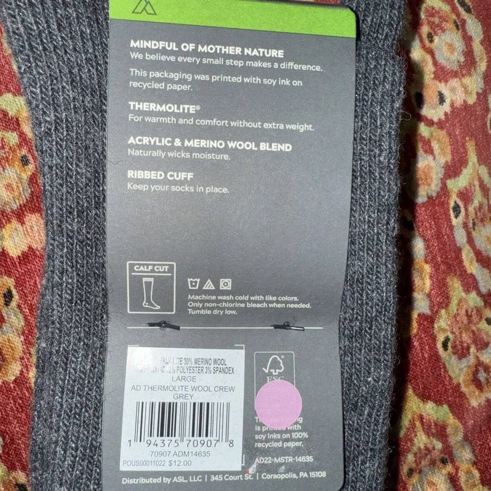 Alpine Design Thermolite Boot Merino Wool Sock‎ Calf Cut Heavy Wt Grey LG 8-12